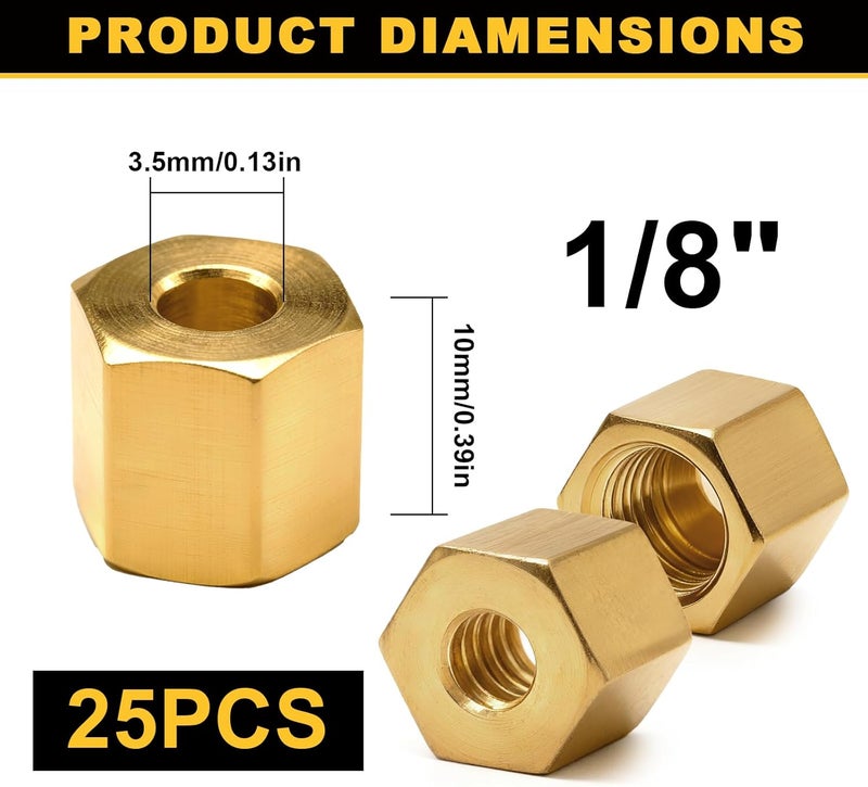 Siptenk 25PCS 1/8" Brass Compression Nuts, Brass Compression Fitting for Air Brake Lines, Water, Oil, Fuel Inert Gases Plumbing System - Image 2